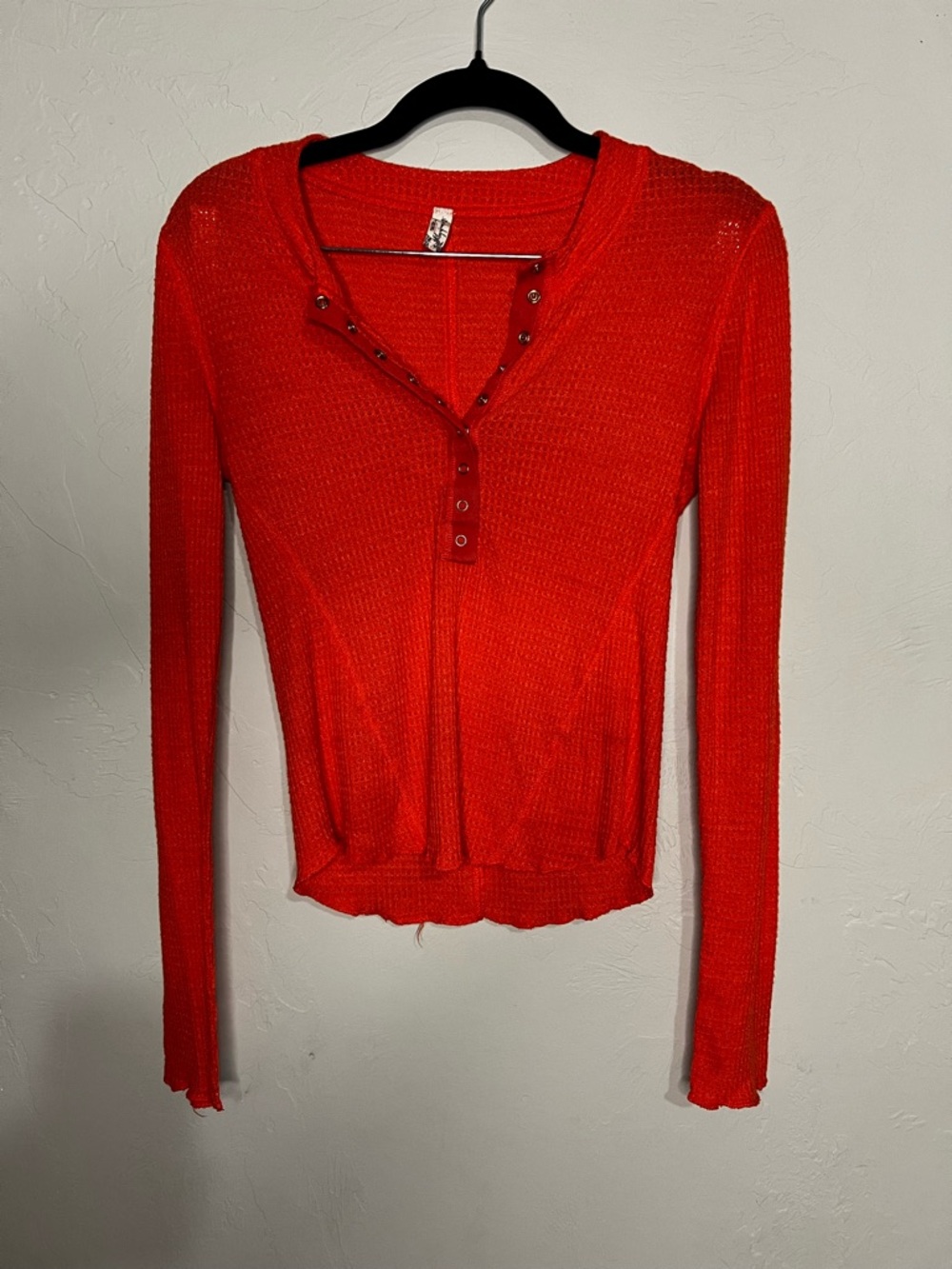 Intimately Free People Kai Bright Orange Textured Thermal Long Sleeve Henley Top - Picture 4 of 9